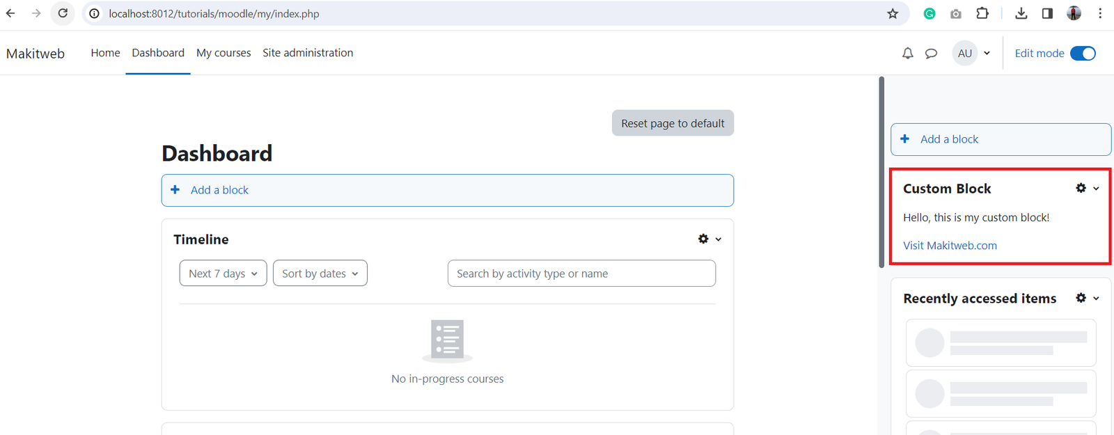 After adding custom block in Moodle dashboard