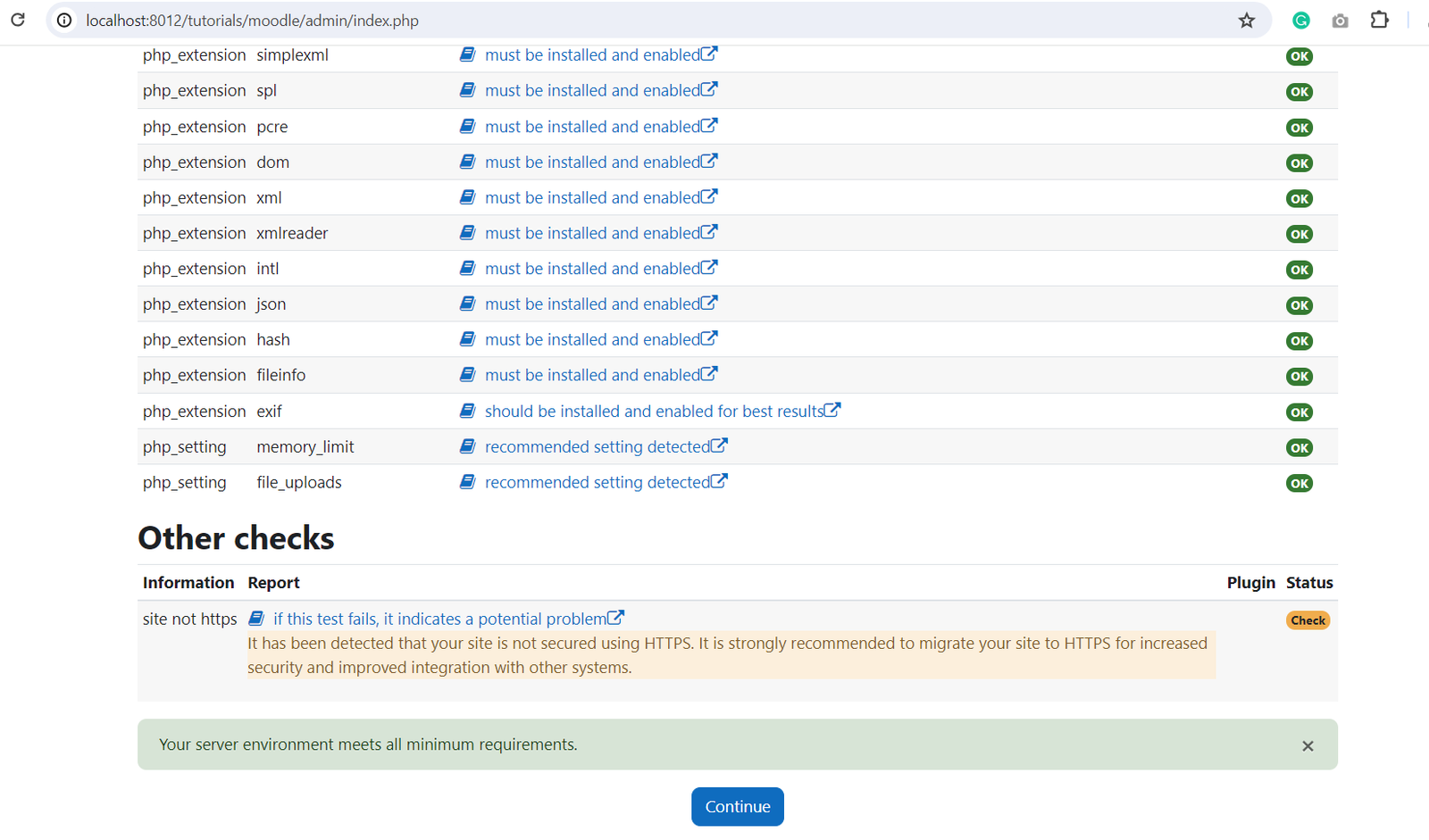 Moodle block installation page