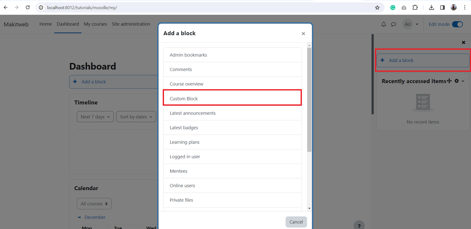 Selecting custom block in Moodle dashboard
